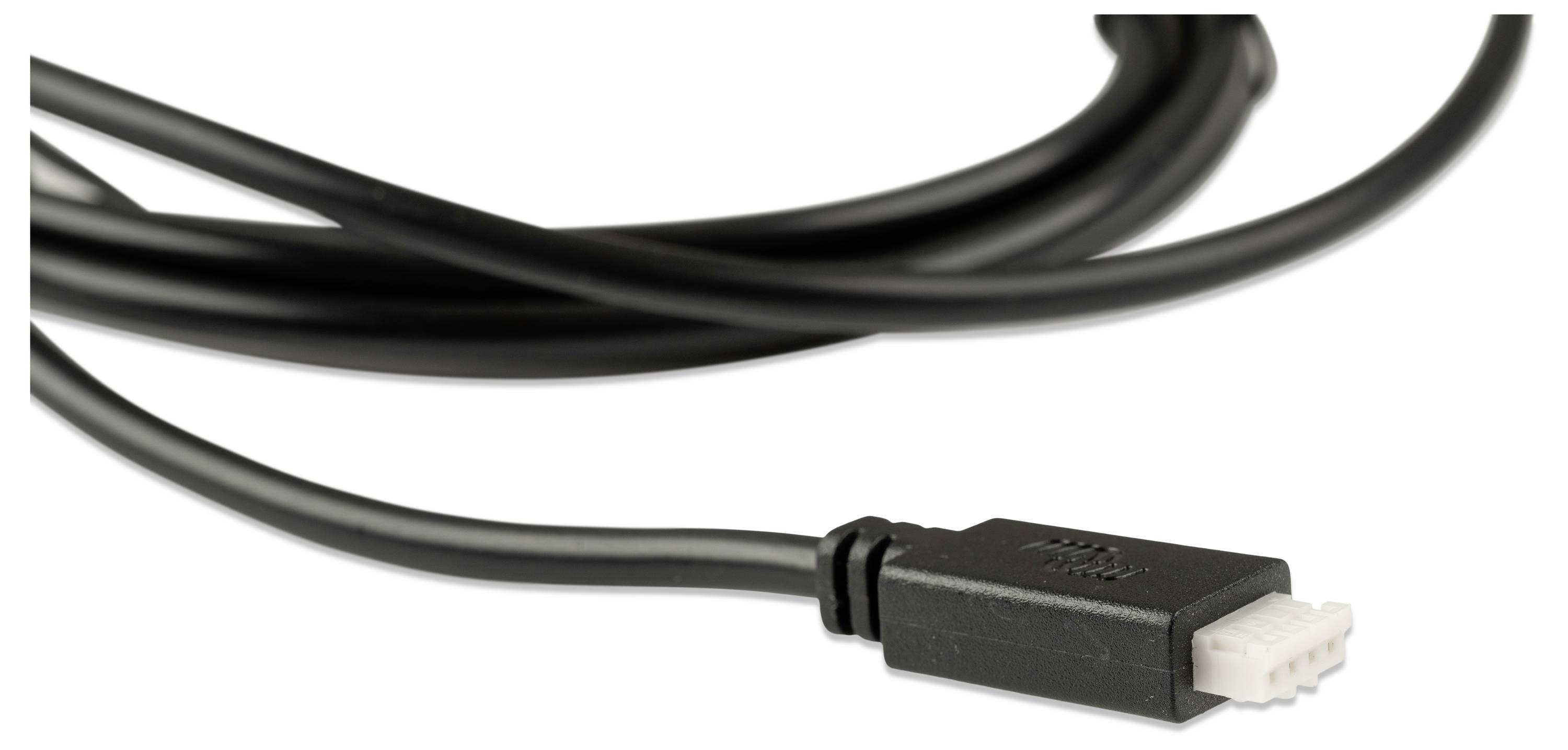 Een zwarte externe 6-pins Mini-DIN kabel voor het aansluiten van bepaalde toetsenborden en muizen op computers, getoond opgerold met een zichtbare connector.
