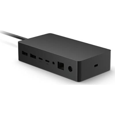 Zwarte dockingstation met meerdere aansluitingen, waaronder USB, HDMI en Ethernet, voor het verbinden van apparaten en randapparatuur.