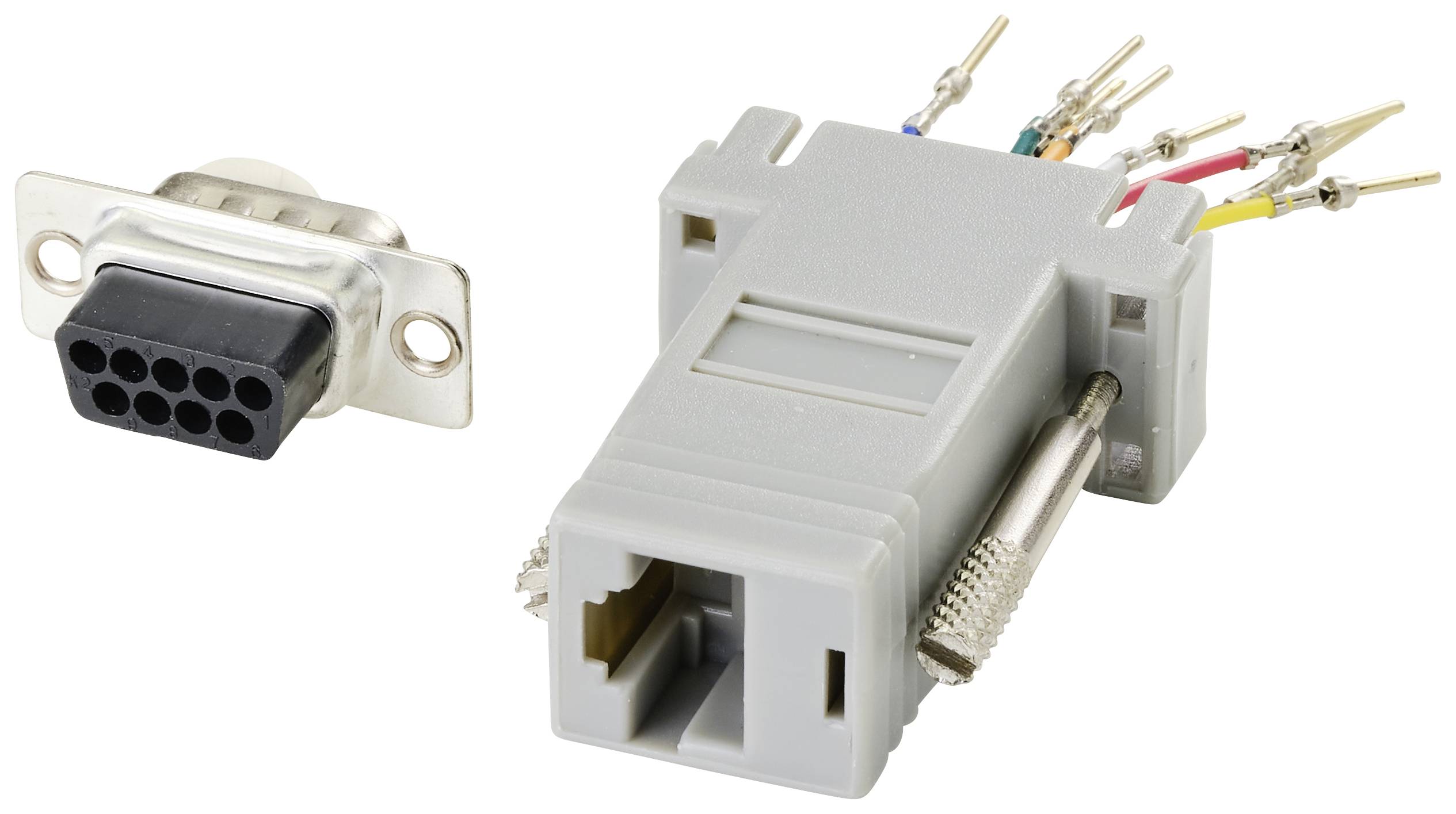 Twee aansluitingen: Linkse is een zwarte 9-polige DB9-stekker. Rechtse is een grijze RJ45-stekeradapter met gekleurde kabels.
