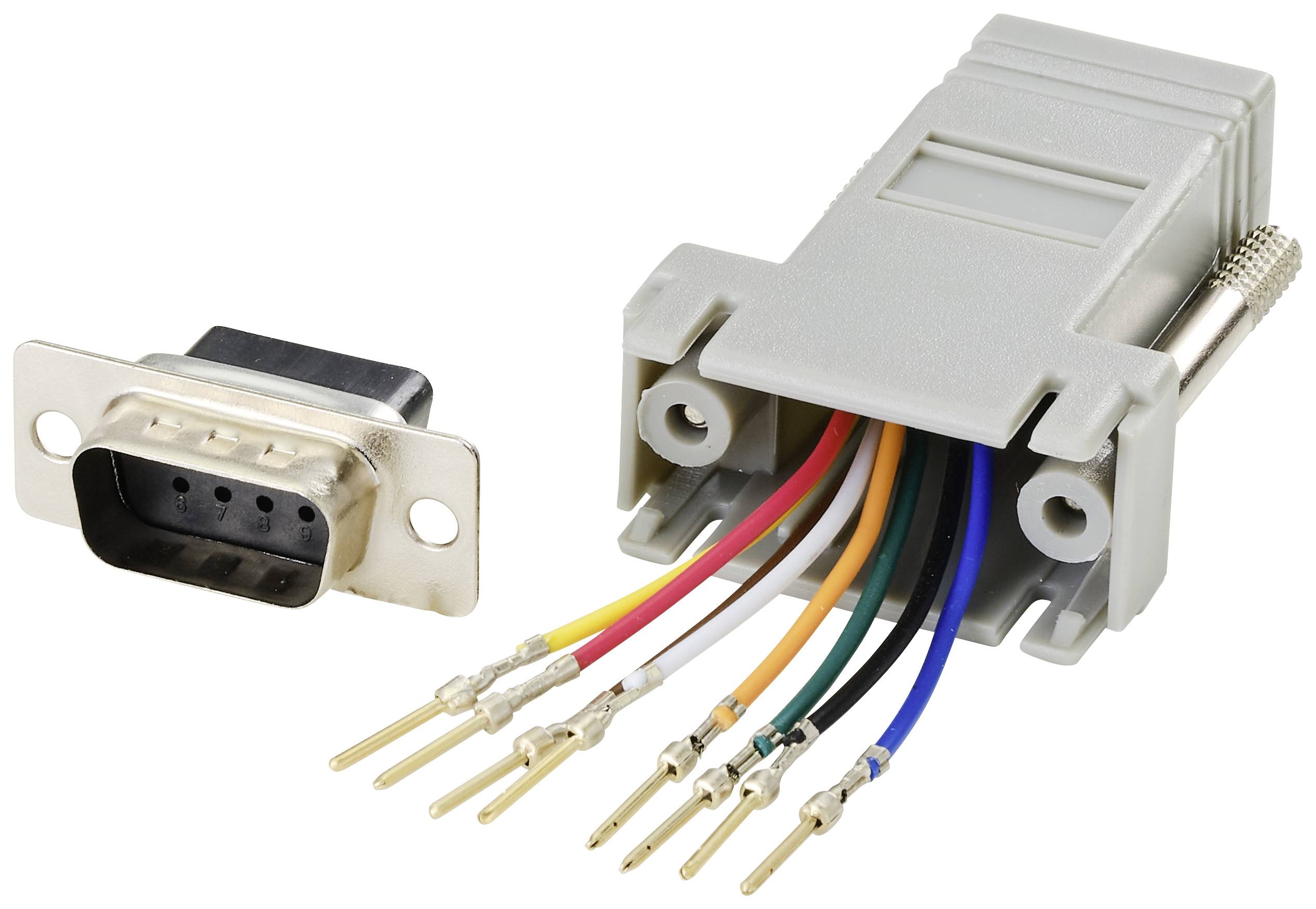DB9-connector-kit met bussenrij en losse gekleurde kabels voor solderen. Geschikt voor seriële interfaceverbindingen.