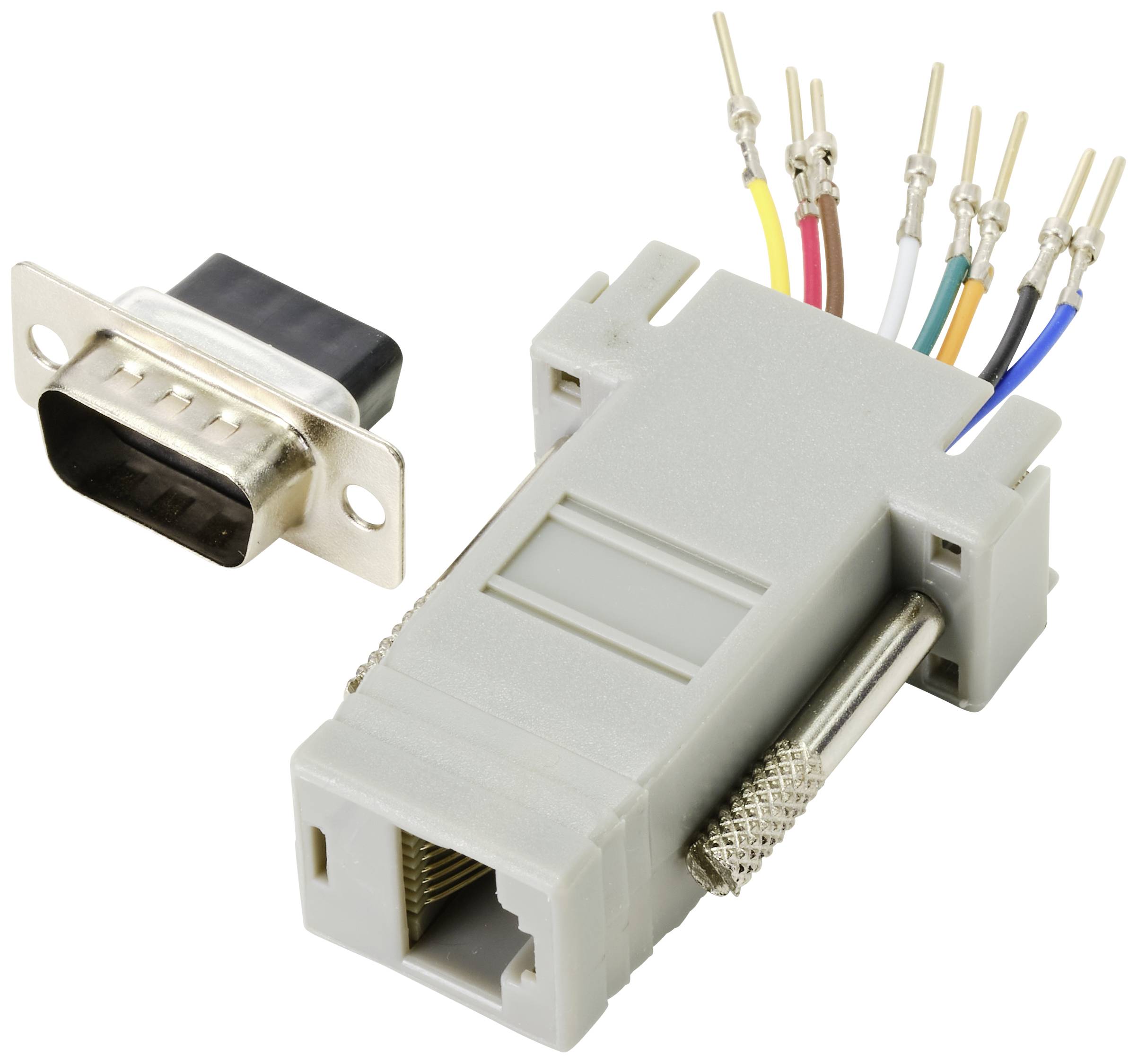Een grijze adapter met RJ45-aansluiting en een bus met meerdere gekleurde kabels. Daarnaast een zwarte stekker met een metalen behuizing.