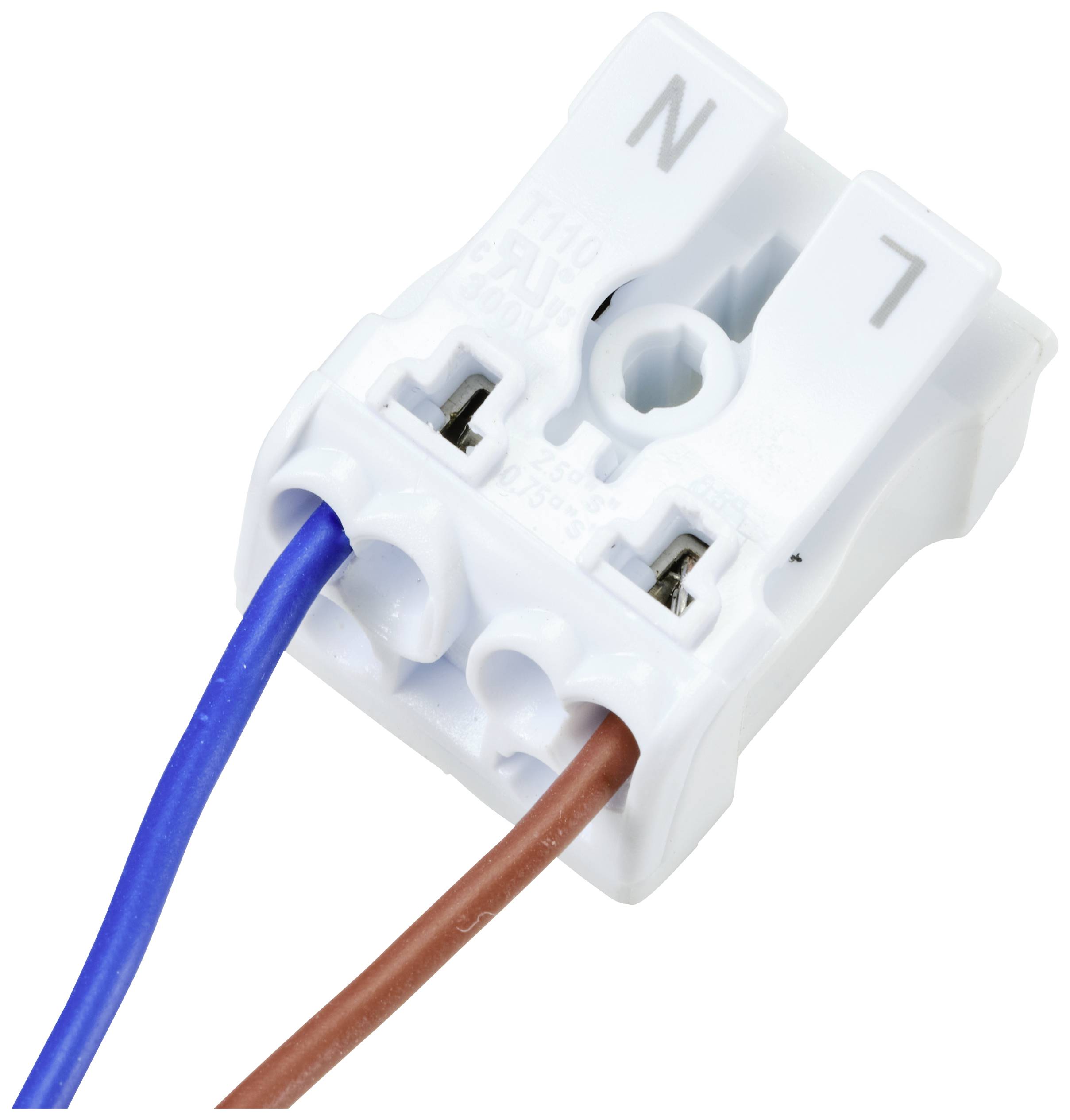 Witte elektrische klem met twee kabels, blauw en bruin. Markeringen 'N' en 'L' geven de kabelingangen aan.