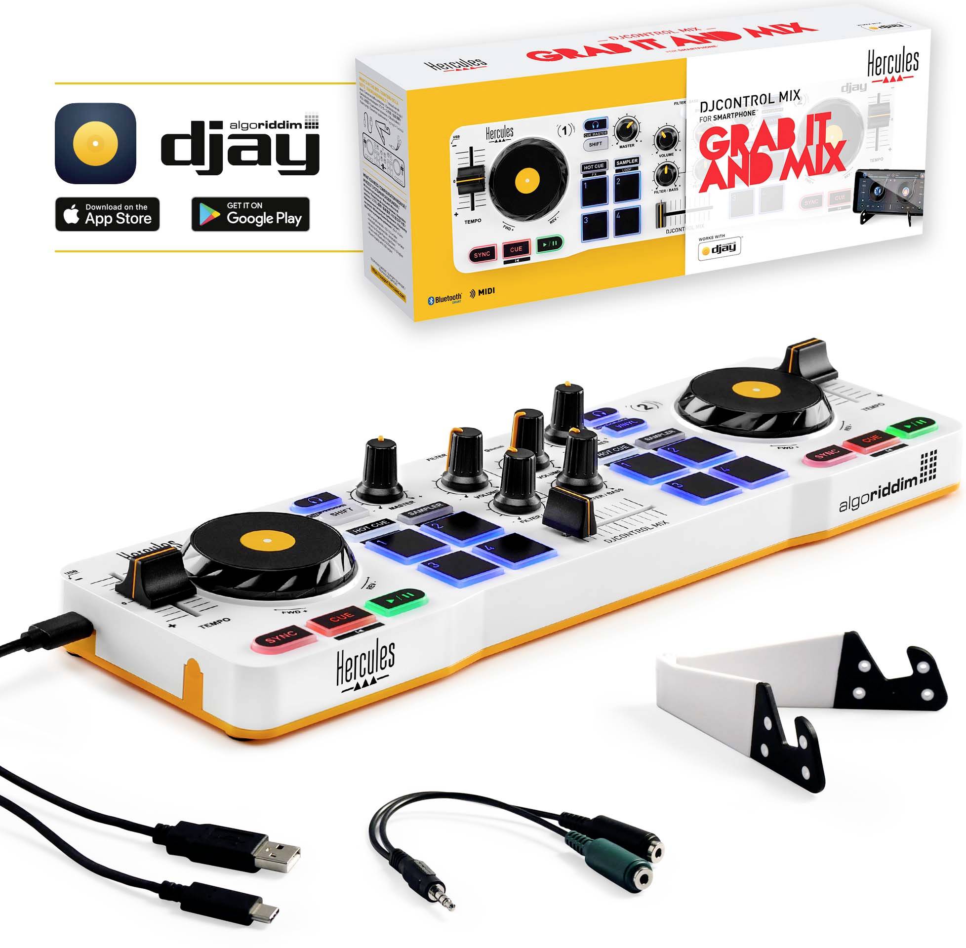 Compact dj-controllerset met meerdere draaiknoppen, pads en interfacekabels, compatibel met de 'djay' app op iOS en Android.
