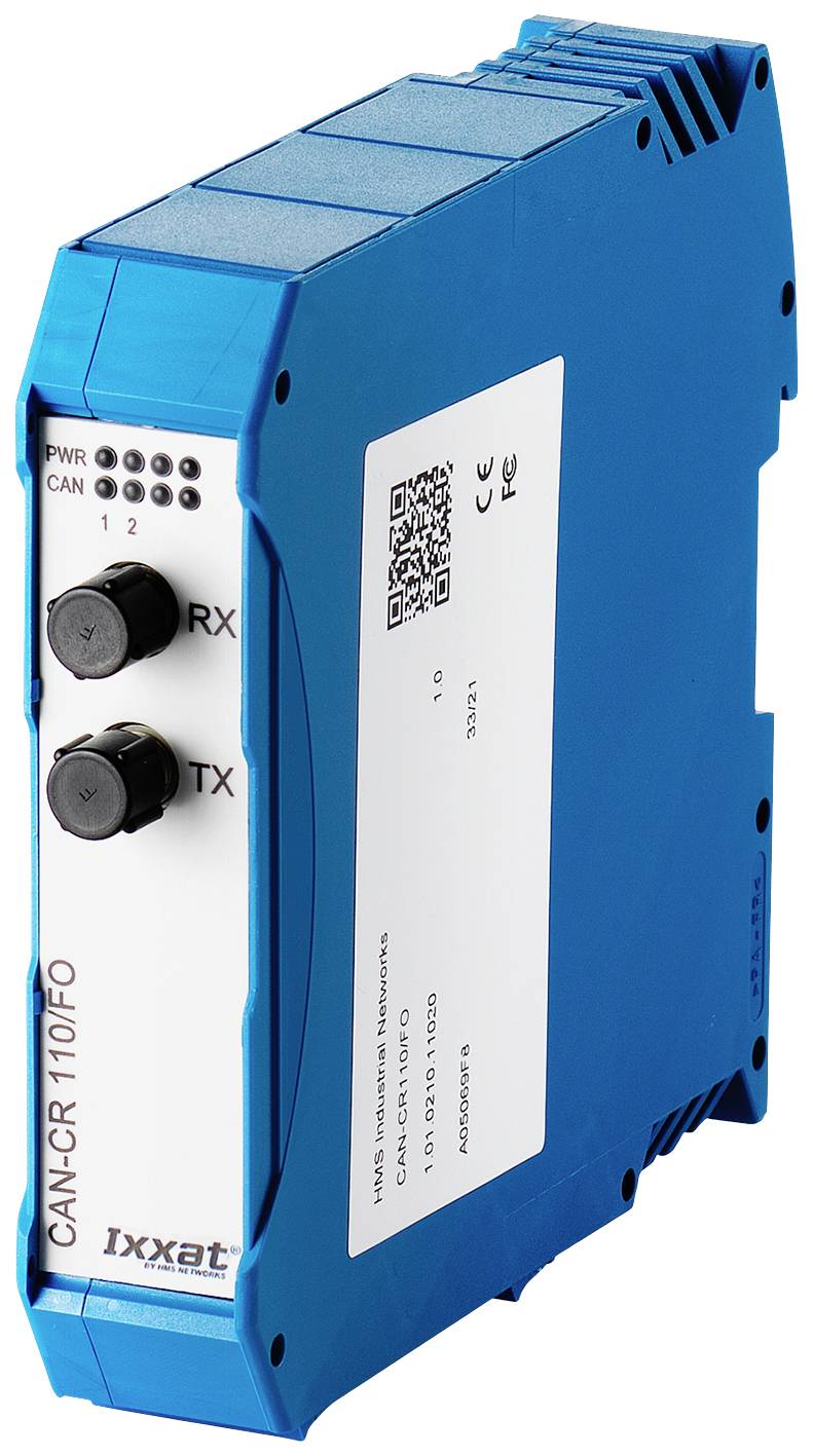 Een blauw Ixxat CAN-CR110/FO apparaat voor het converteren van CAN-signalen met aansluitingen voor RX en TX en een etiket met technische details.