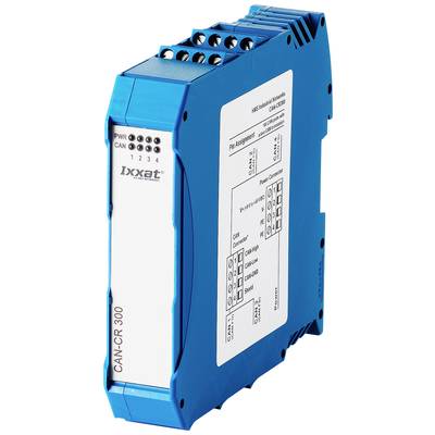 Een blauwe CAN-repeater van Ixxat, model CAN-CR300, met vier aansluitingen. Het apparaat wordt gebruikt voor signaalversterking in netwerken.