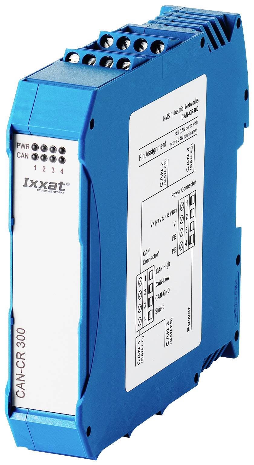 Blauw elektronisch apparaat met opschrift 'CAN-CR300' van Ixxat. Toont aansluitklemmen bovenaan en grafische instructies aan de zijkant.