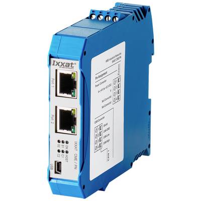 Blauw elektronicamodule met twee Ethernet-poorten en USB-aansluiting, merklabel 'Ixxat', voor industriële netwerkconnectiviteit.