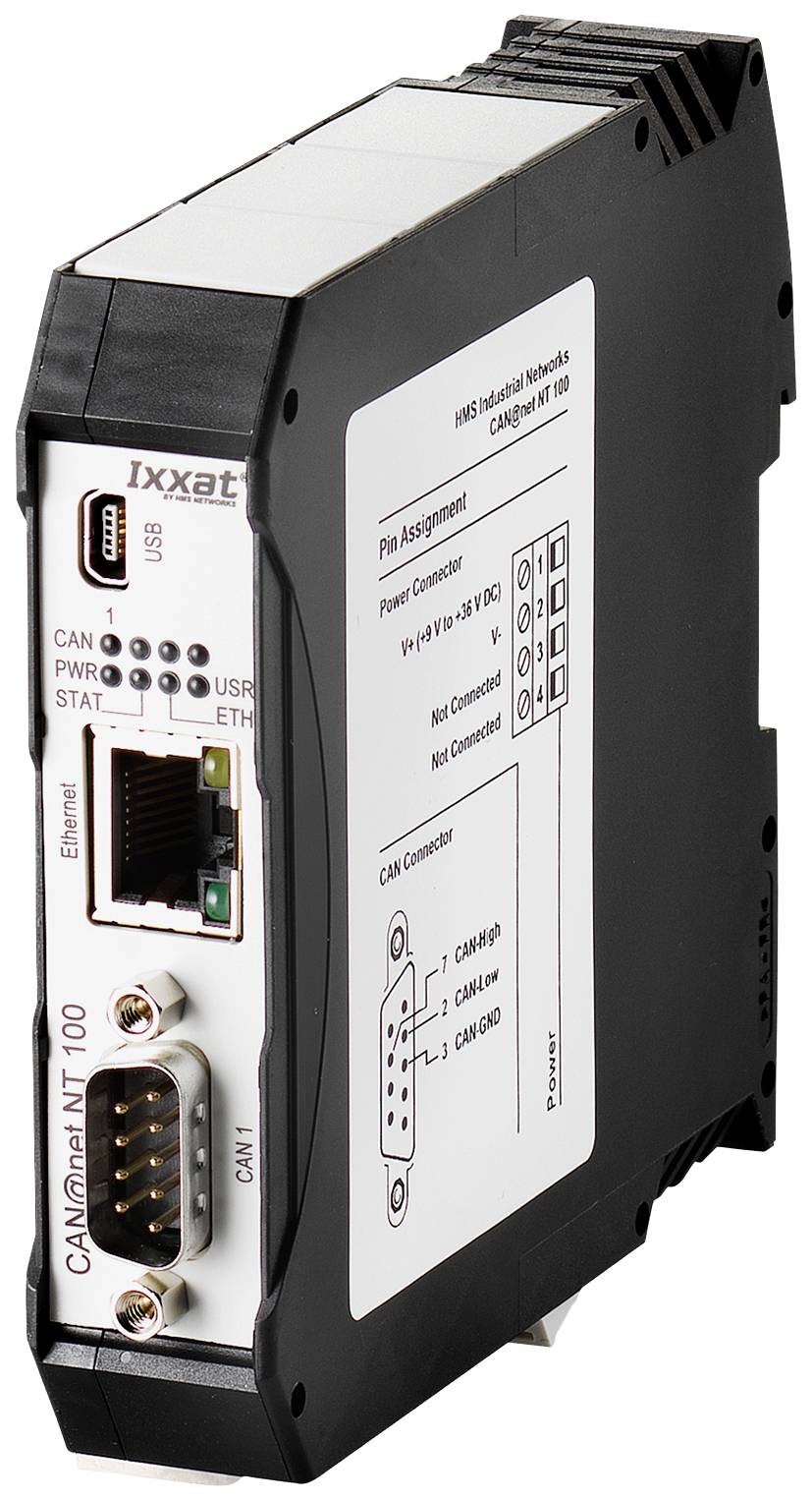 Een communicatieapparaat met aansluitingen voor CAN en Ethernet. Op het apparaat zijn USB-poort, statuslampjes en een diagram voor de pinbezetting zichtbaar.