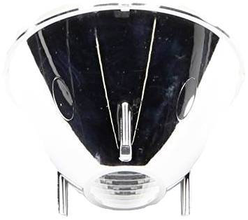 Een ronde, zilveren stralenkop met spiegelende oppervlakte en drie bevestigingspunten.