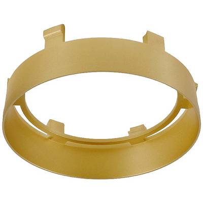 'Ronde, goudkleurige metalen ring met kleine rechthoekige verhogingen langs de rand.'