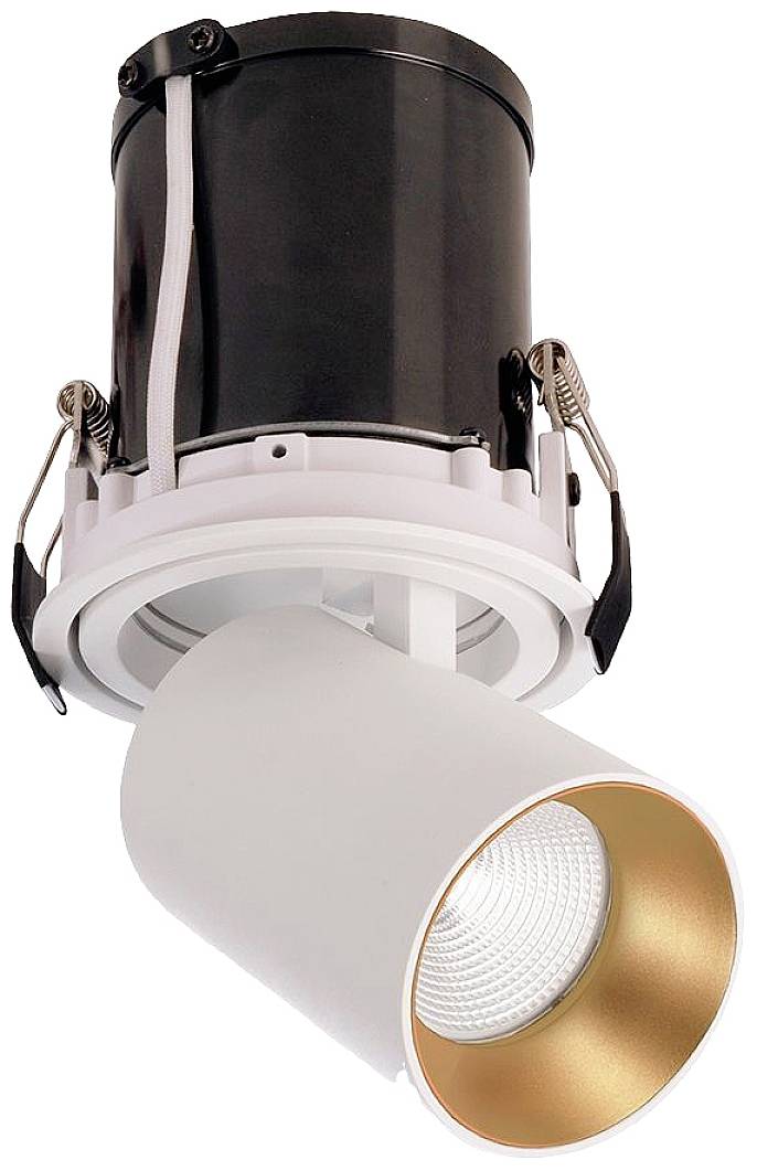Inbouwspots in modern design. Witte behuizing met gouden binnenkant. Geschikt voor stijlvolle verlichting van binnenruimtes.