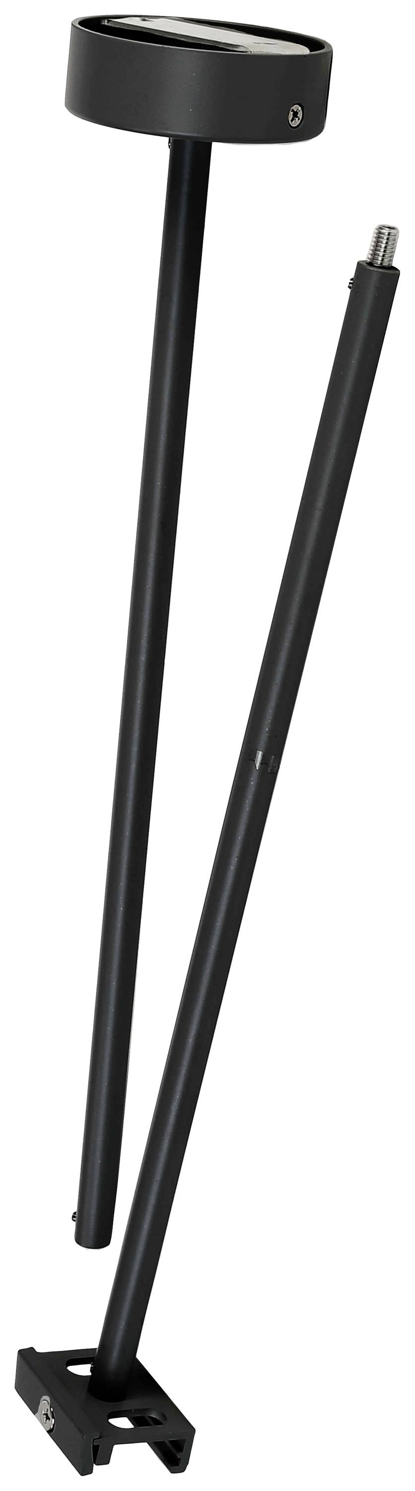 Twee zwarte, lange staven. Eén heeft bovenaan een cilindrische kop en de andere heeft een kleine bout aan één uiteinde.