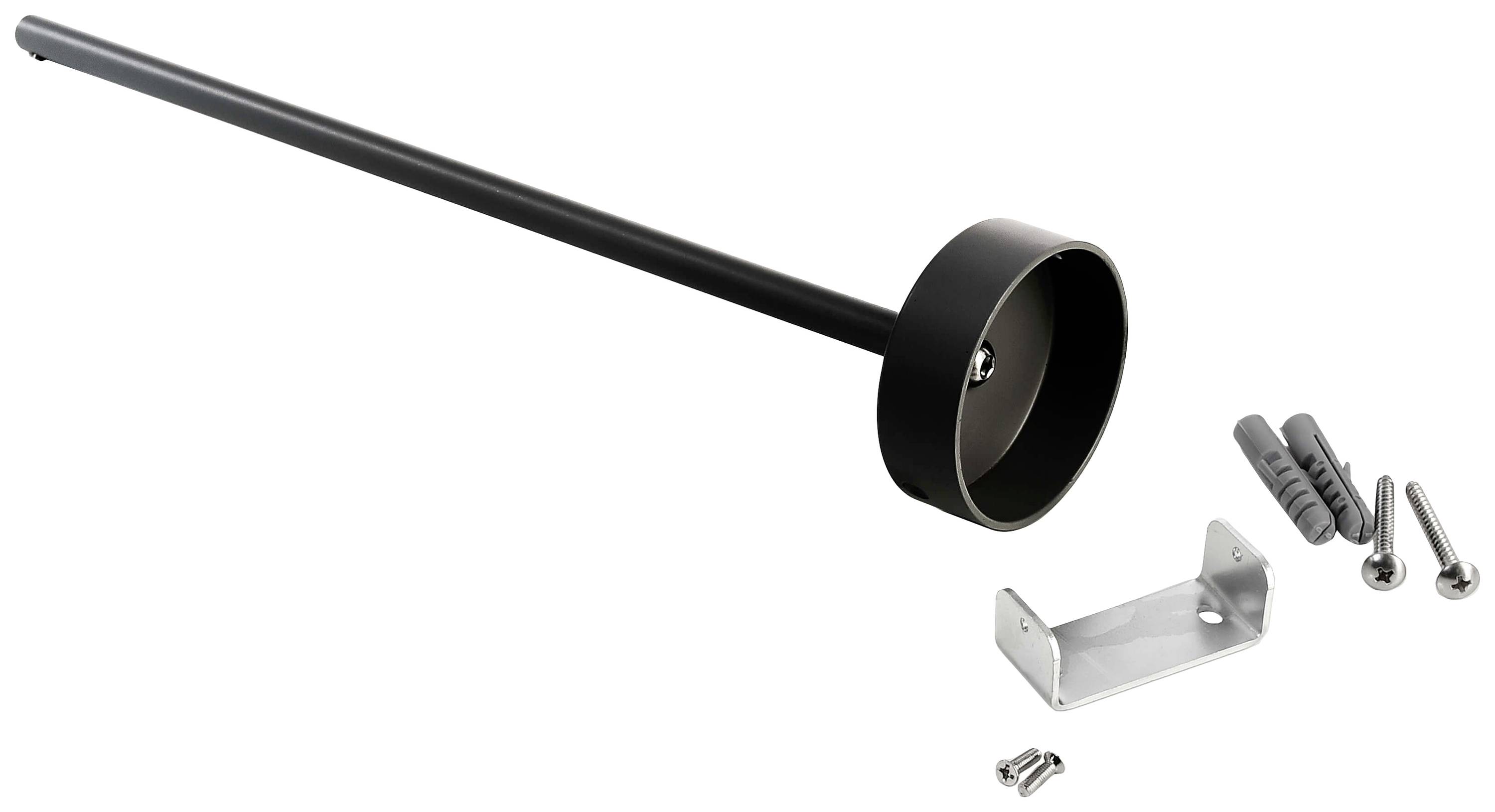 Zwarte lamphouder met lange staaf, ronde voet, metalen bevestiging, schroeven en pluggen, geschikt voor plafondmontage.