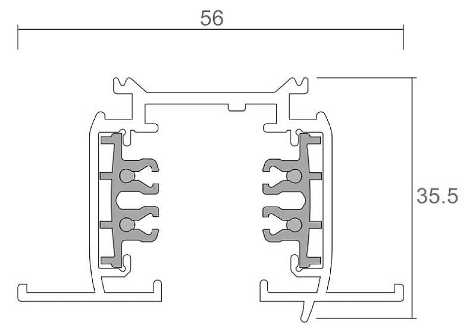 Doorsnede van een aluminium profielstructuur met twee zijdelingse klemmechanismen, breedte 56 mm en hoogte 35,5 mm.