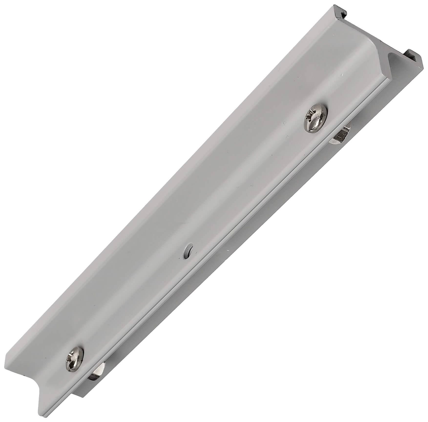 Een zilveren metalen profiel met schroeven, gebruikt voor montage of bevestiging, diagonaal gefotografeerd.