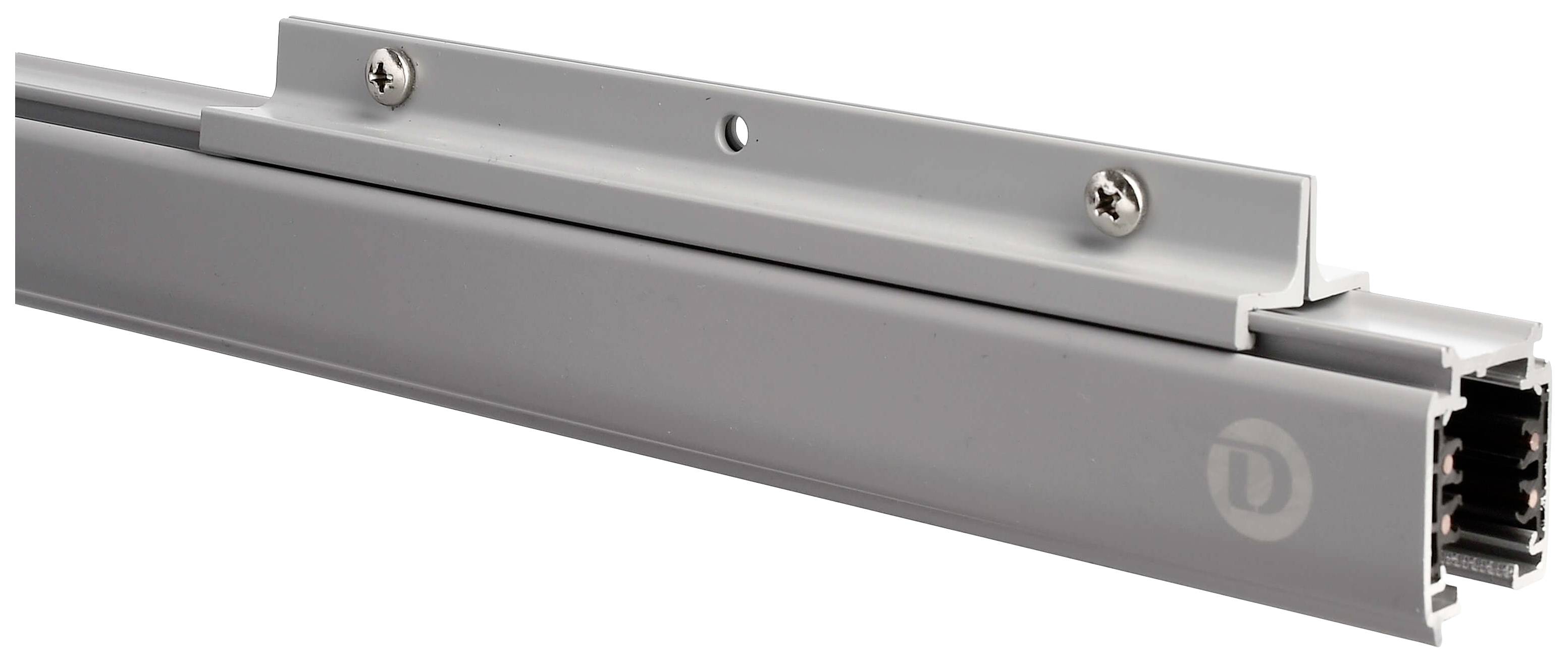 Een grijs metalen profiel met geïntegreerde bevestigingsschroeven en een aansluiting aan de rechterkant, geschikt voor elektrische installaties.