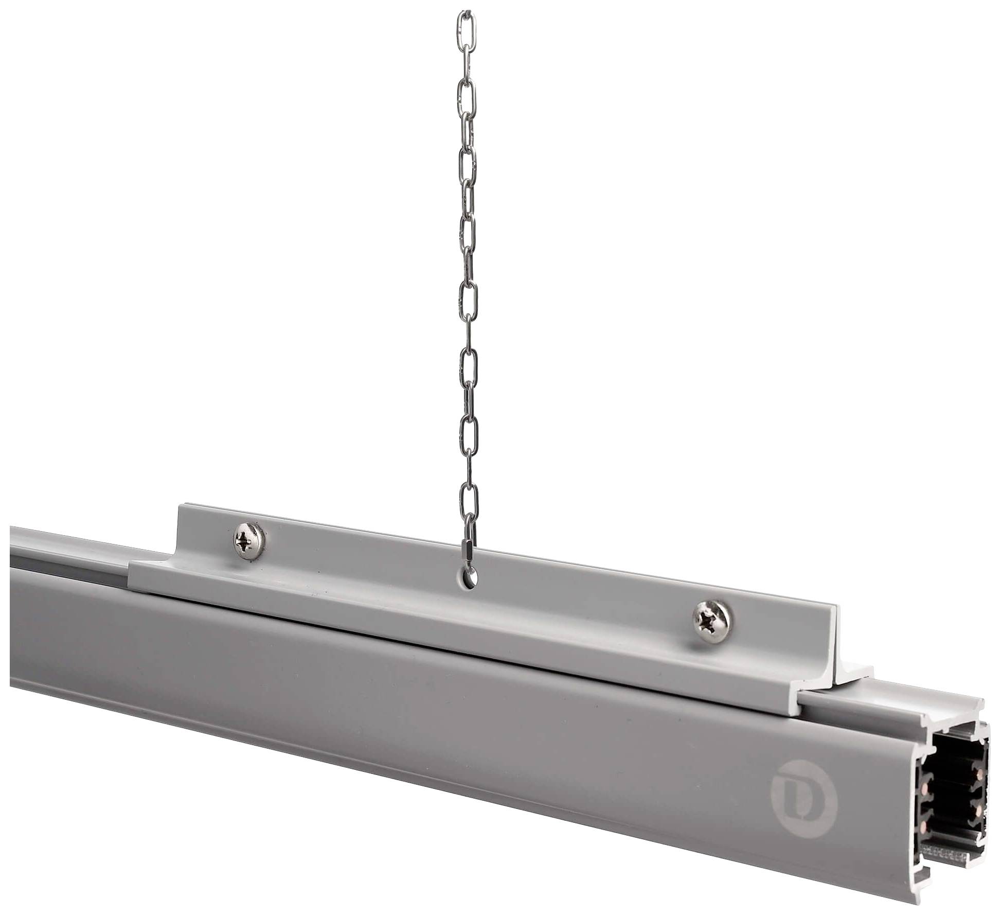 Zilveren ophangbeugel met ketting en schroeven, geschikt voor het bevestigen van objecten aan het plafond.