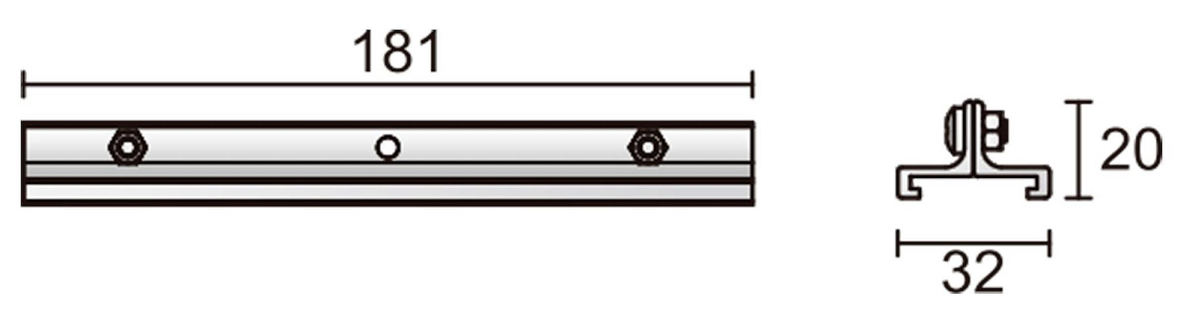 Metalen profiel voor bevestiging, lengte 181 mm, hoogte 20 mm, breedte 32 mm; voorzien van schroefgaten voor montage.