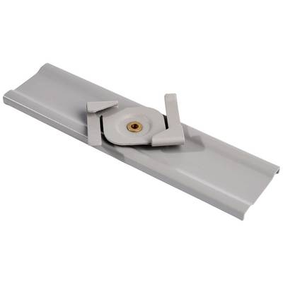 Grijs bevestigingselement voor golfplaten daken met een centraal schroefgat, gemonteerd op een bijpassend gevormd metalen strip.