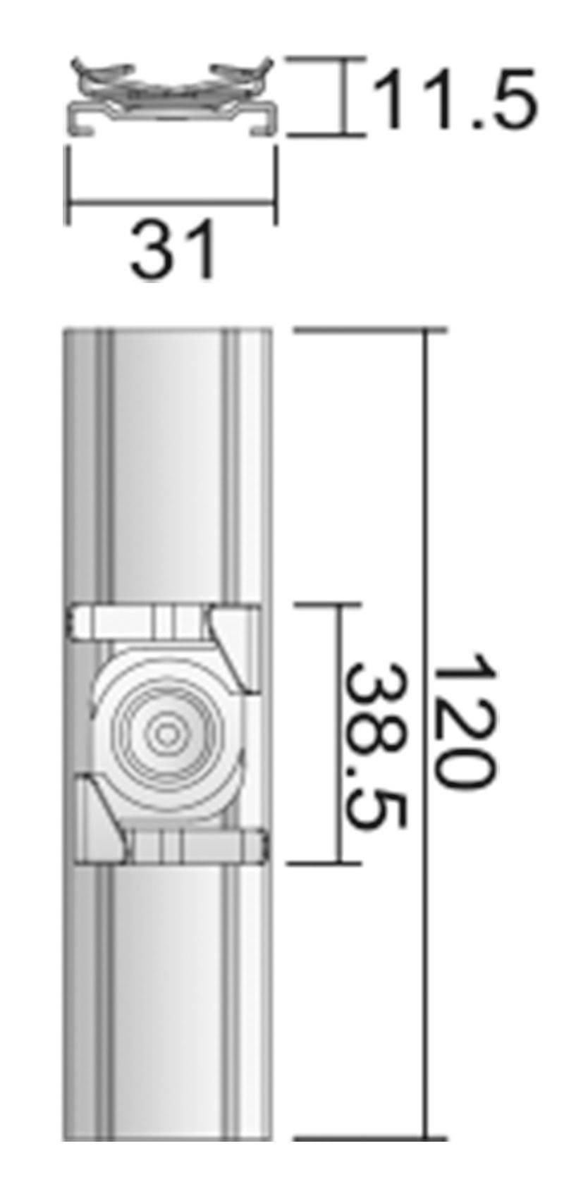 Technische tekening van een mechanisch onderdeel met de afmetingen: breedte 31 mm, hoogte 120 mm, diepte 11,5 mm en een verdere aanduiding van 38,5 mm.