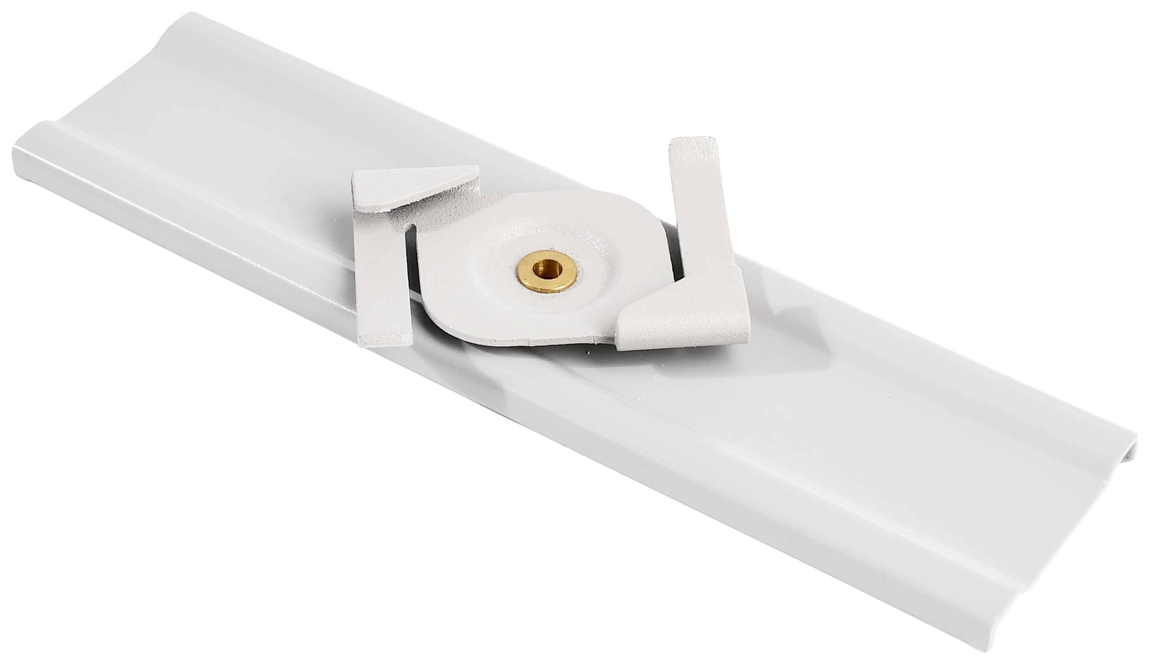 Een witte kunststof plaat met een gecentreerde, verstelbare metalen houder. Geschikt voor het bevestigen van kleine apparaten aan muren.