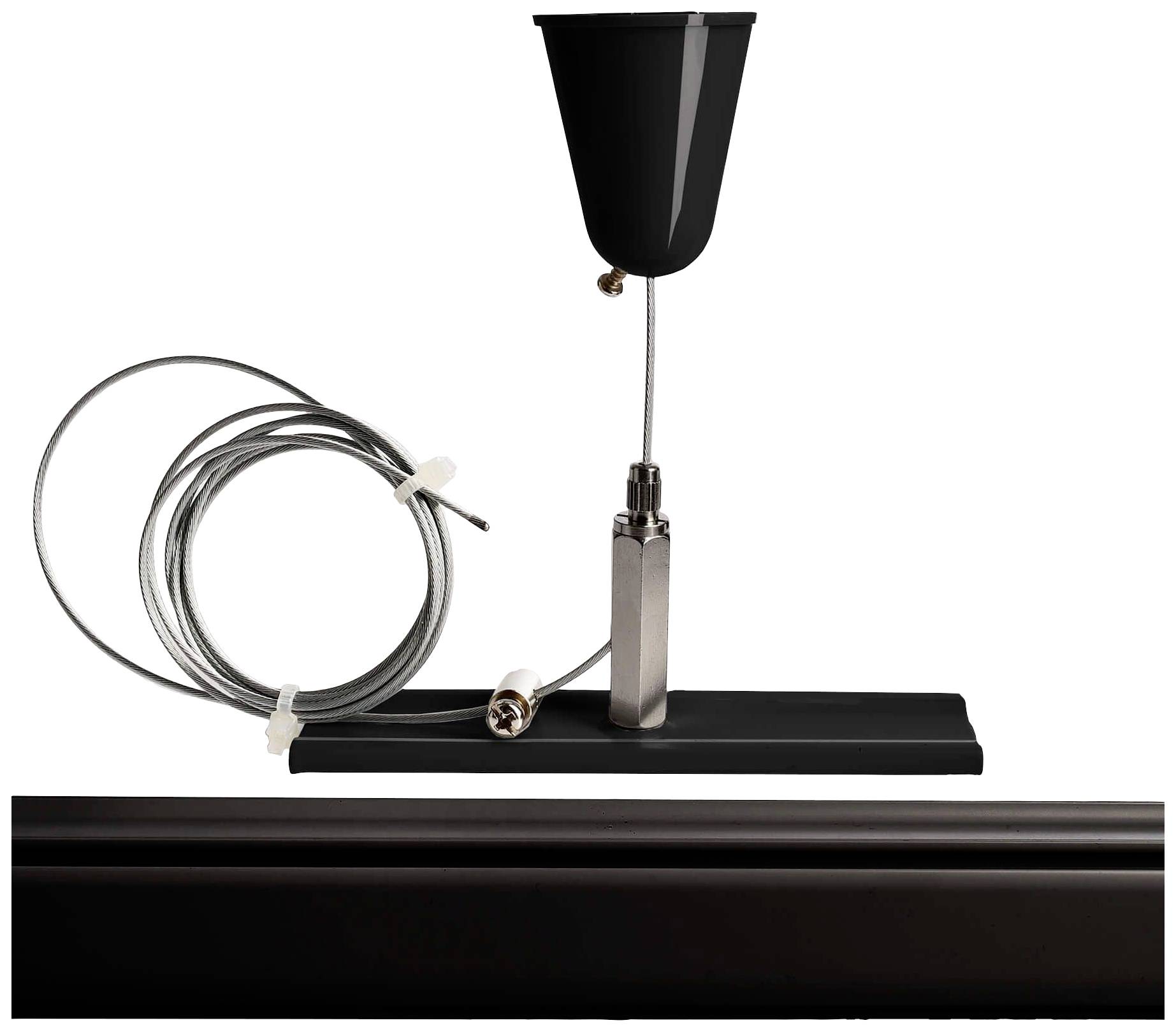 Een zwarte plafondmontageset met kabels en bevestigingstoebehoren, geschikt voor verlichtingssystemen of vergelijkbare toepassingen.