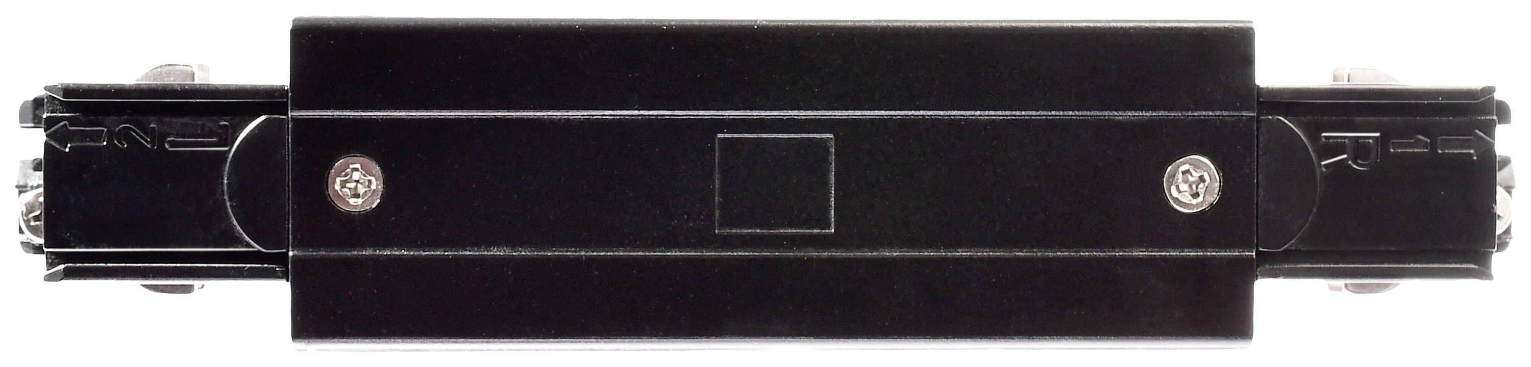 Een zwart, rechthoekig elektrisch aansluitonderdeel, horizontaal gepositioneerd, met zichtbare schroeven aan de uiteinden.