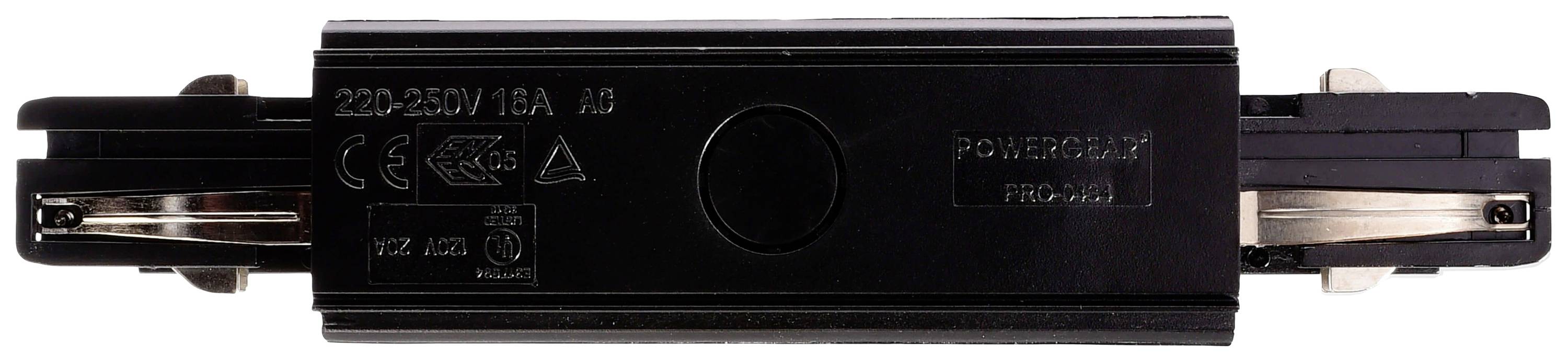 Zwart elektrisch onderdeel met opdrukken '220-250V / 16A', keurmerk en modelnummer. Wordt gebruikt voor stroomlijnen.