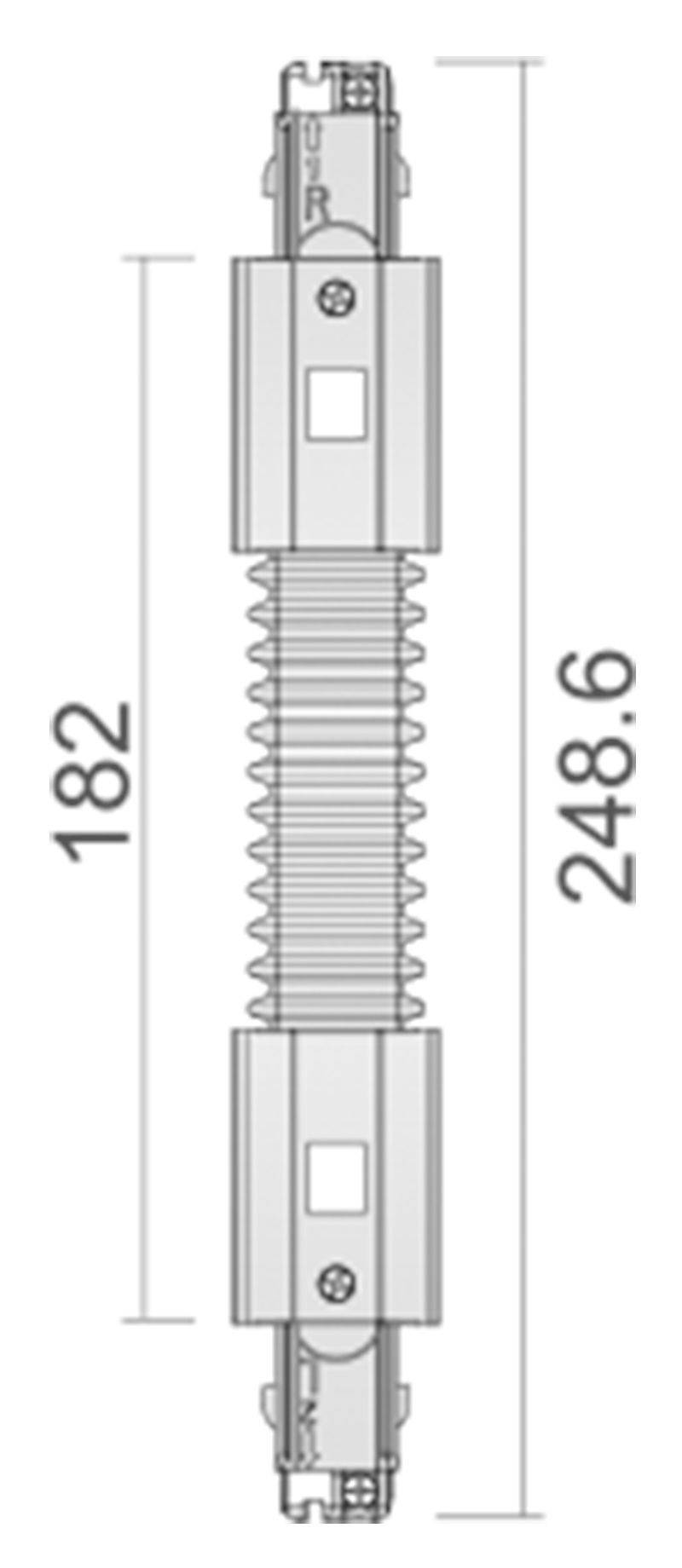 Technische tekening van een mechanisch onderdeel met twee rechthoekige uiteinden en een geveerde middensectie, lengte: 248,6 mm.