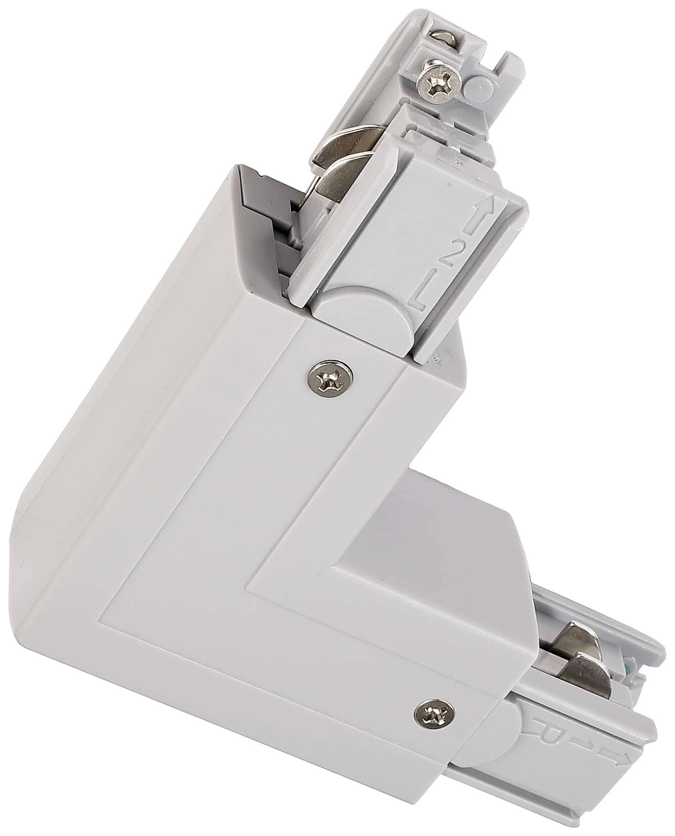 Een L-vormige elektrische adapter met meerdere schroeven en aansluitingen. Hij wordt gebruikt voor het verbinden van lichtlijnen.