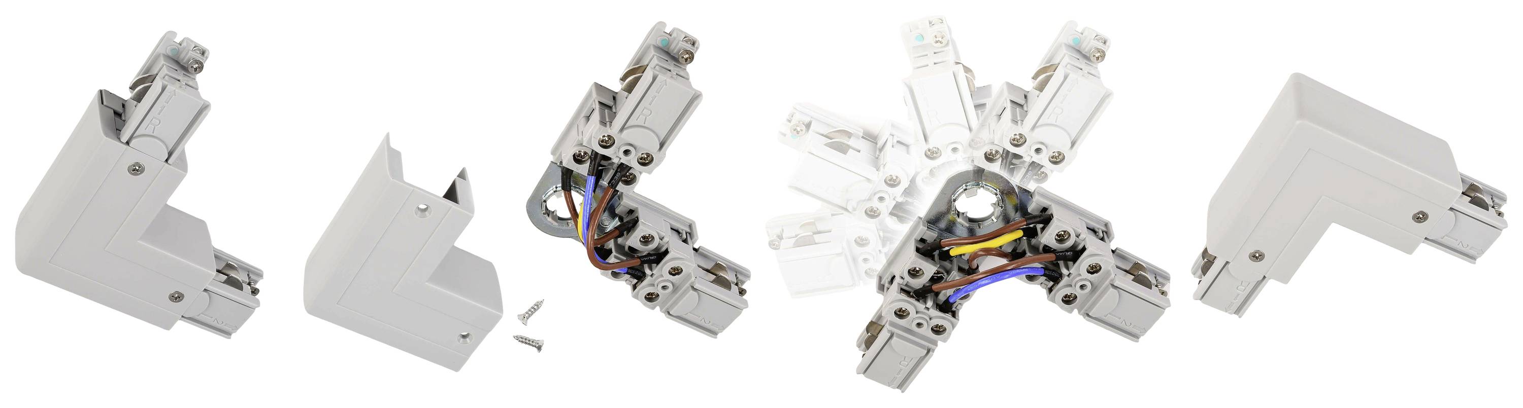 De beeldreeks toont de stapsgewijze montage van een hoekverbinder met kabelmanagement in een technische ruimte.