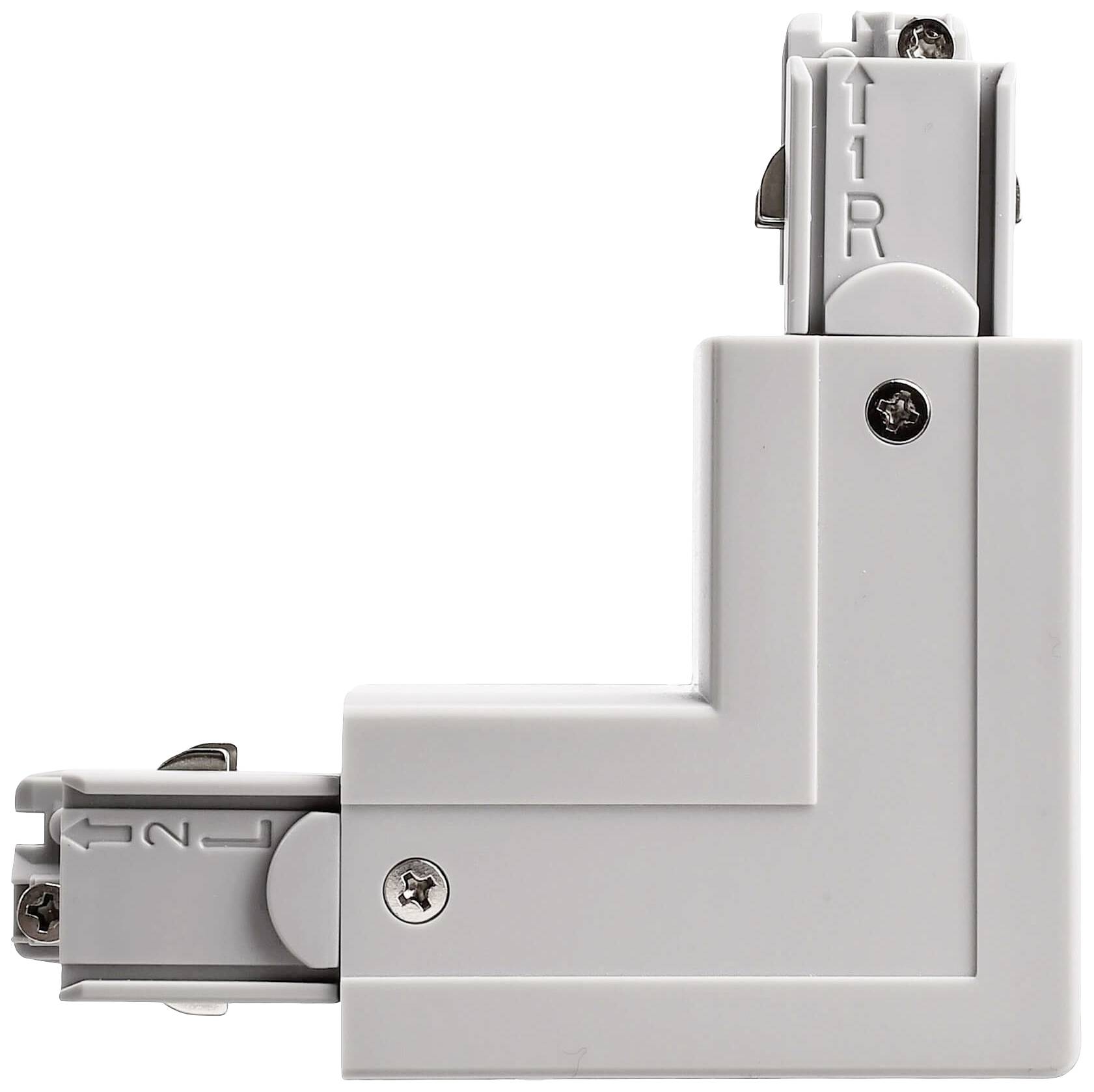 Een witte, rechthoekige steekverbinder met schroeven. Bovenkant gemarkeerd met 'R' en '1', zijde met '2'. Wordt gebruikt voor elektrische verbinding.