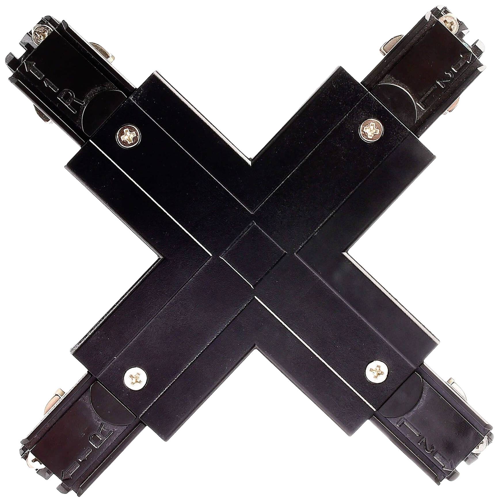 Een zwarte, kruisvormige, elektrische connector van kunststof met metalen schroefverbindingen, gezien van bovenaf.