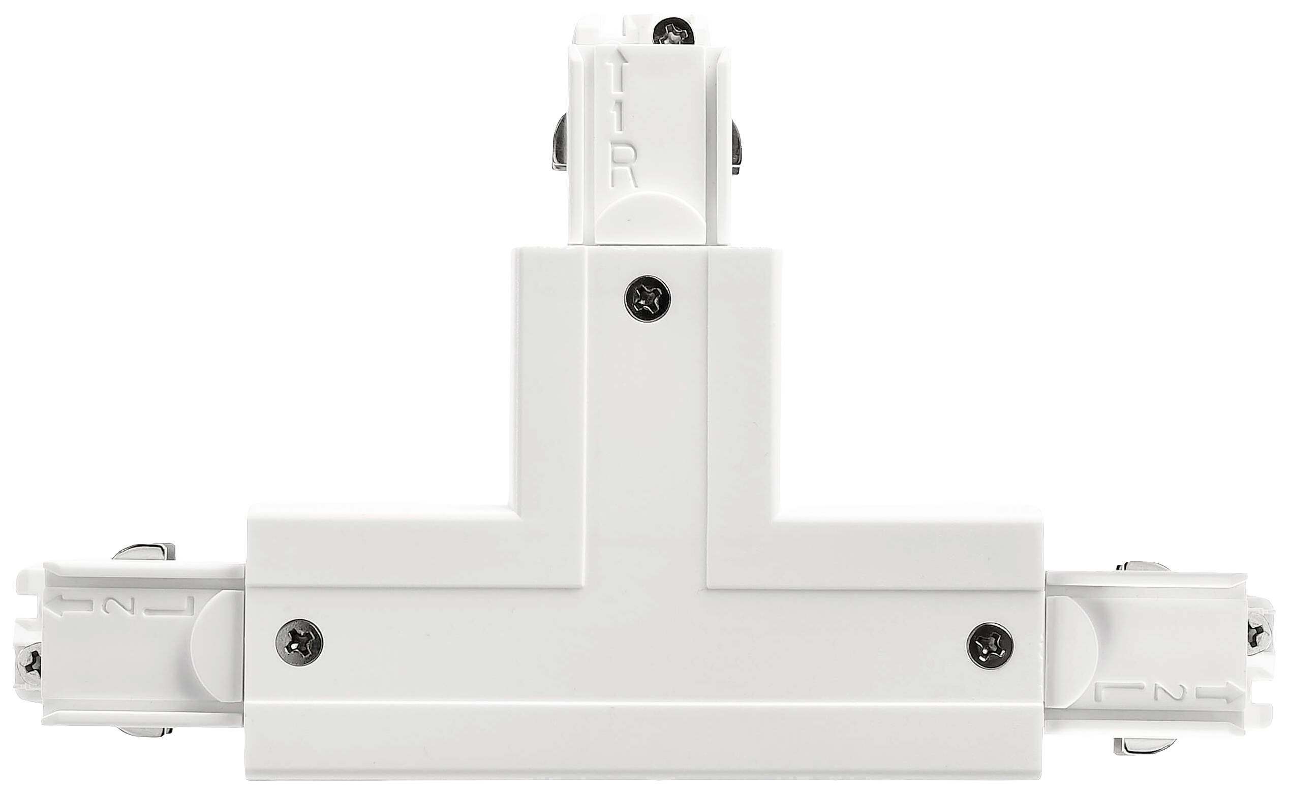 T-vormige witte connector voor een 3-fasen railsysteem, met aansluitingen aan beide uiteinden, ideaal voor eenvoudige installatie.