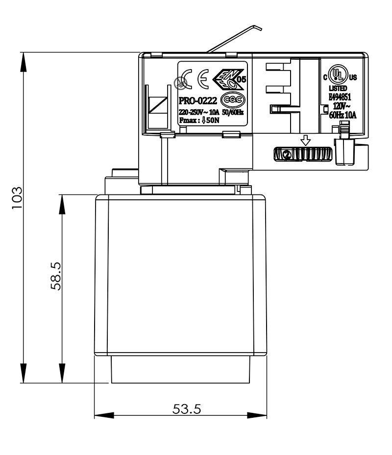 Technische tekening van een elektrisch apparaat met afmetingen van 103 mm hoogte, 53,5 mm breedte, 58,5 mm diepte. Bevat keuringsstempel.