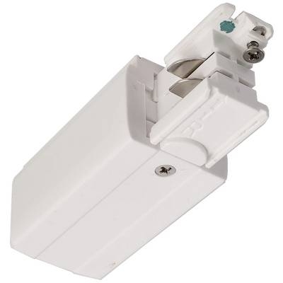 Een witte elektrische stekker met een schroef voor bevestiging. Gebruikt voor plafondverlichtingssystemen in railsystemen.