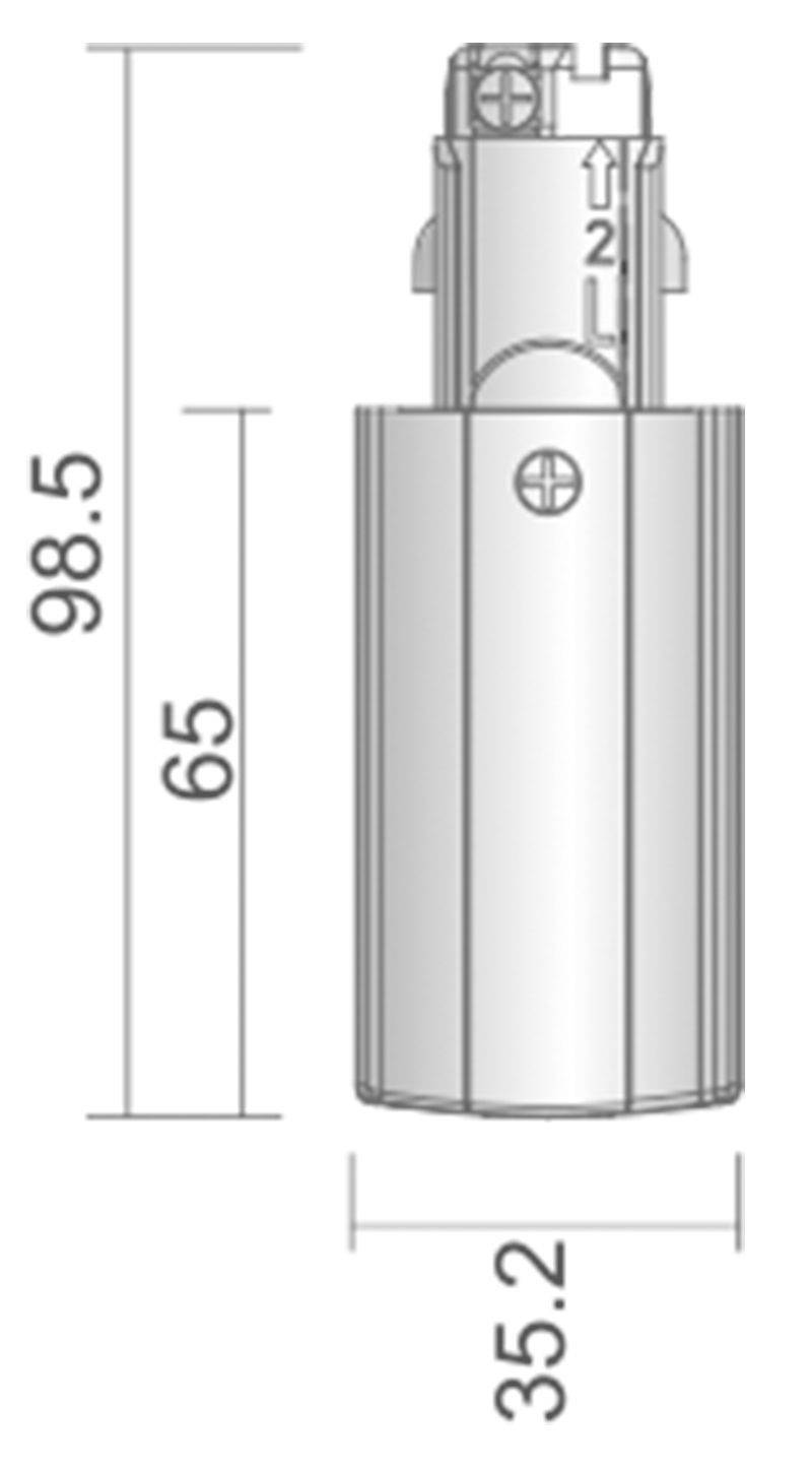 Technische tekening van een cilinder met afmetingen: hoogte 98,5 mm, diameter 35,2 mm. Bovenste sectie 65 mm.
