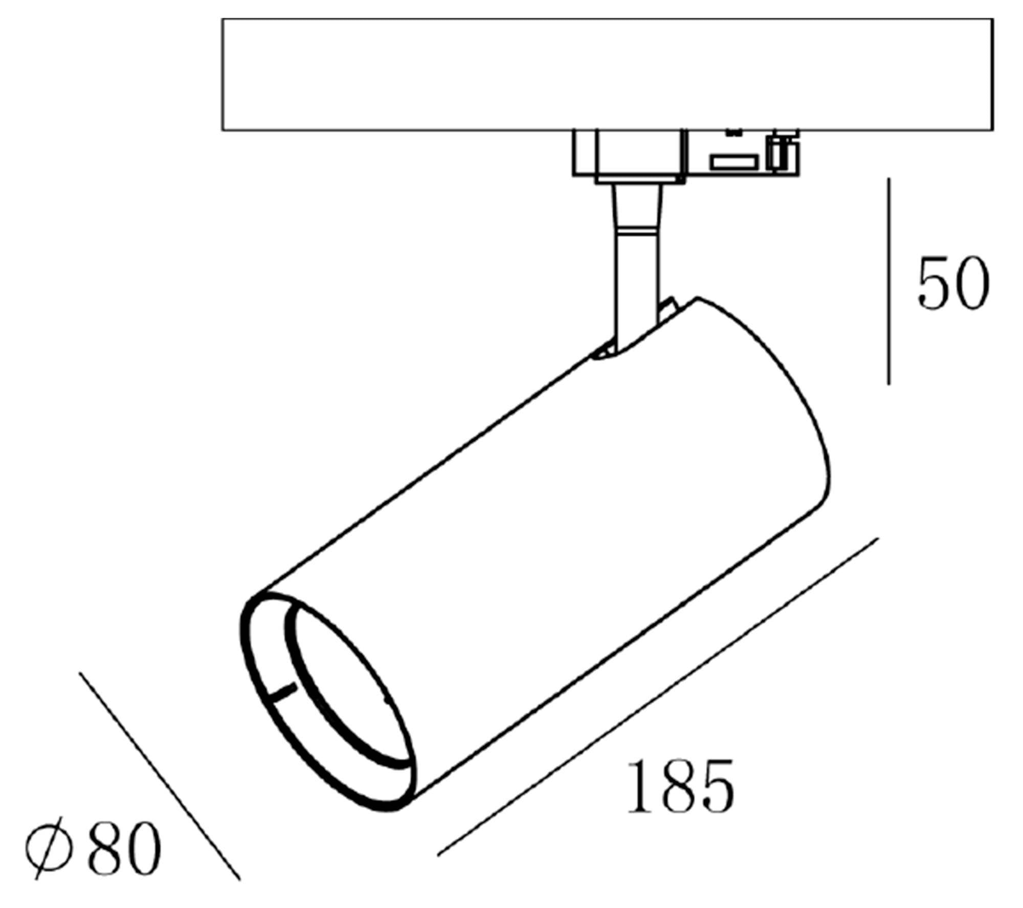 Schets van een cilindrische plafondspot. Afmetingen: diameter 80 mm, lengte 185 mm. Afstand tot het plafond 50 mm.