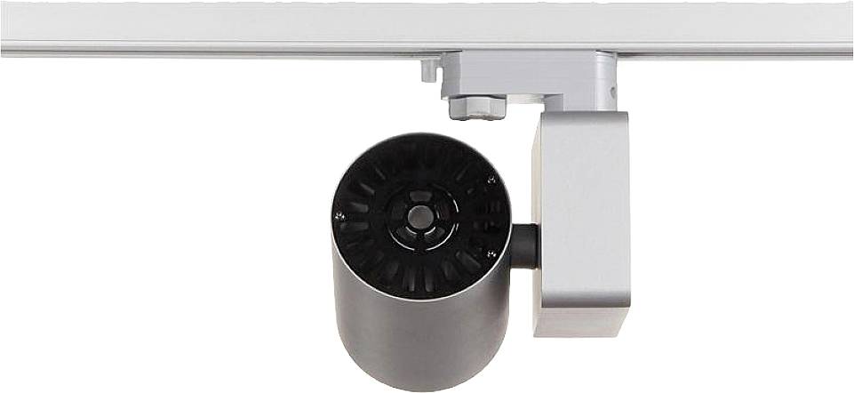 Een zwarte cilindrische lamp is bevestigd aan een zilveren rail. Hij wordt gebruikt voor gerichte verlichting van tentoonstellingsobjecten.