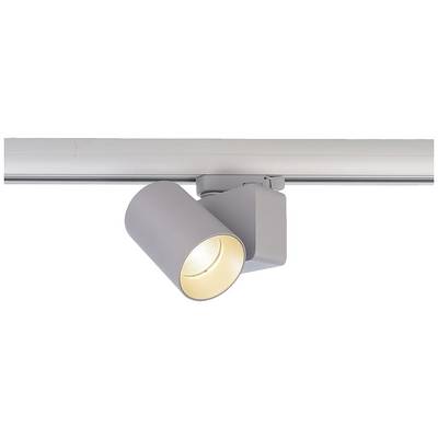 Een grijze LED-schijnwerper is gemonteerd op een zilveren rail en schijnt naar beneden.