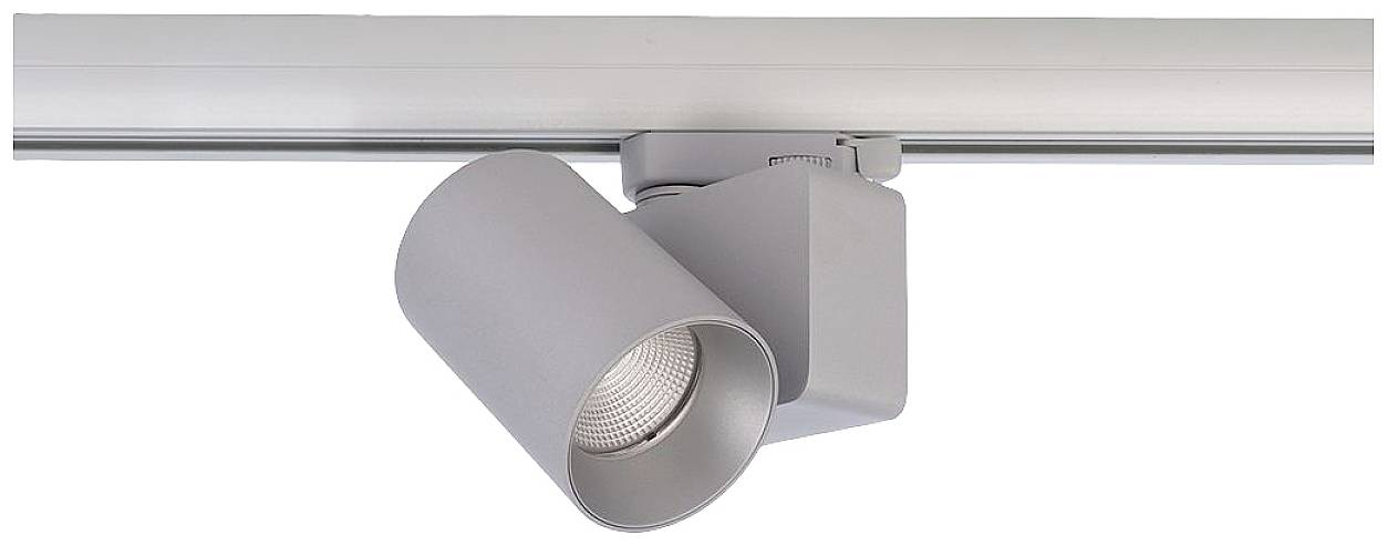 Een zilveren LED-railverlichting is bevestigd aan een metalen rail en schijnt naar beneden. Deze wordt vaak gebruikt voor accentverlichting.