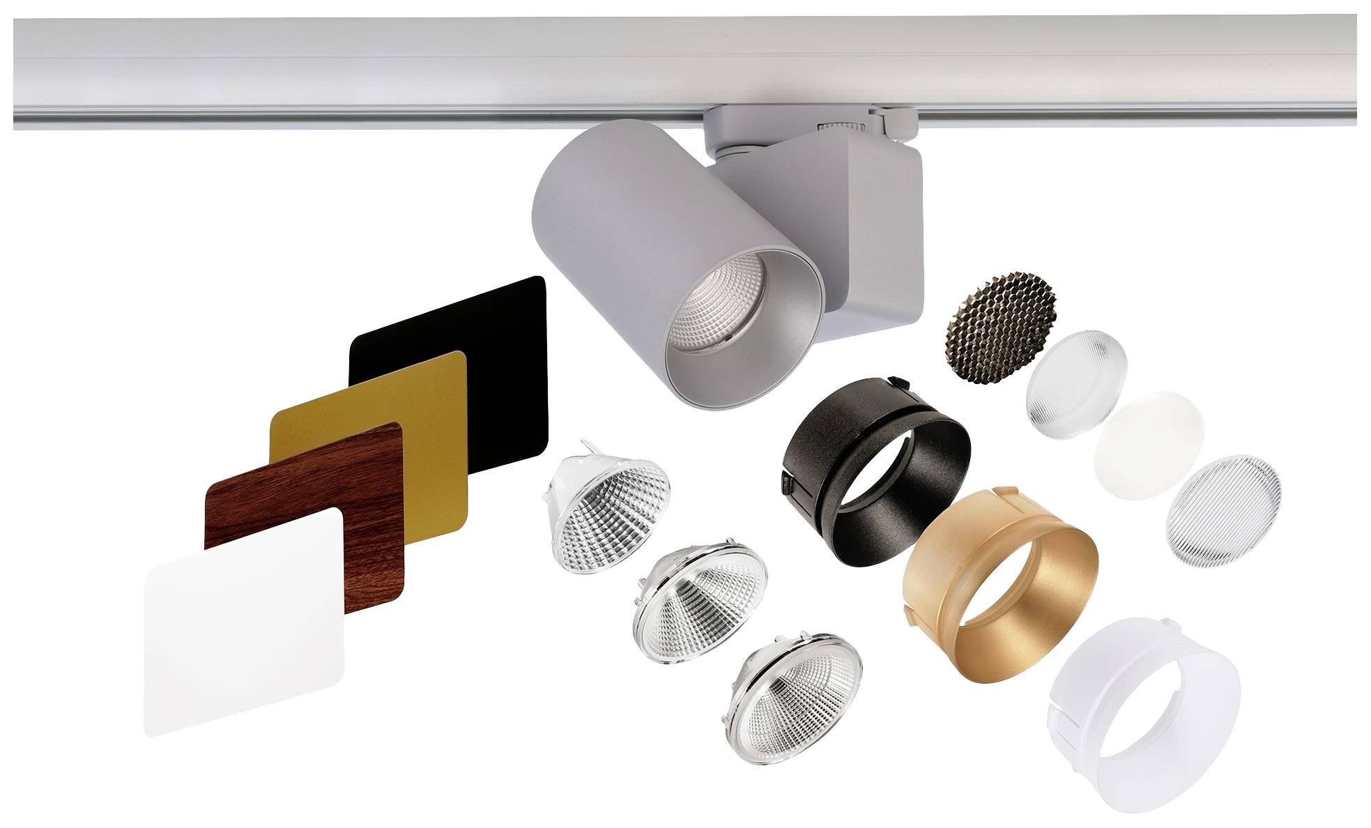 Spotverlichting met toebehoren: Verschillende lenzen, kleurfilters en diafragma's. Ideaal voor individuele verlichtingsoplossingen.