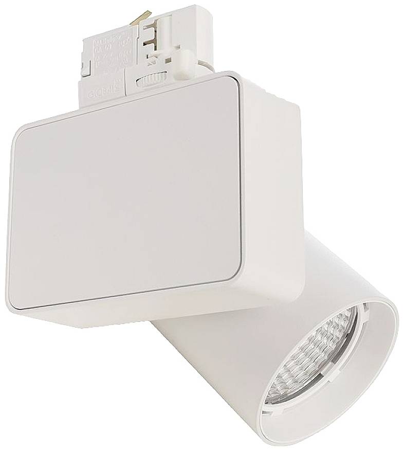 Een witte LED-spot met verstelbare cilinder, geschikt voor railsystemen. Ideaal voor gerichte verlichting in binnenruimtes.