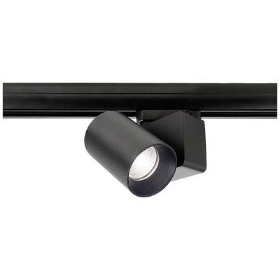 Zwarte, cilindrische LED-plafondspot gemonteerd op een rail, verlicht met gefocust licht, geschikt voor moderne ruimtelijke inrichting.