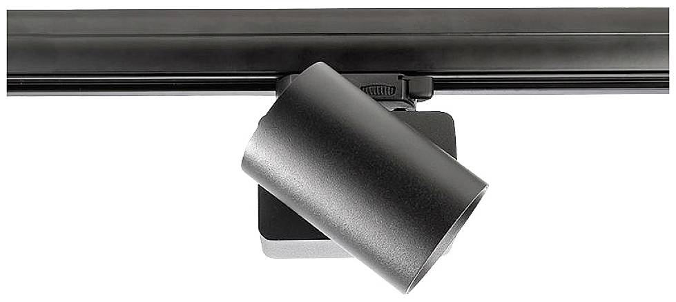 Een zwarte plafondspotlight met een cilindrische verlichtingskop, gemonteerd op een rail, geschikt voor gerichte verlichting.