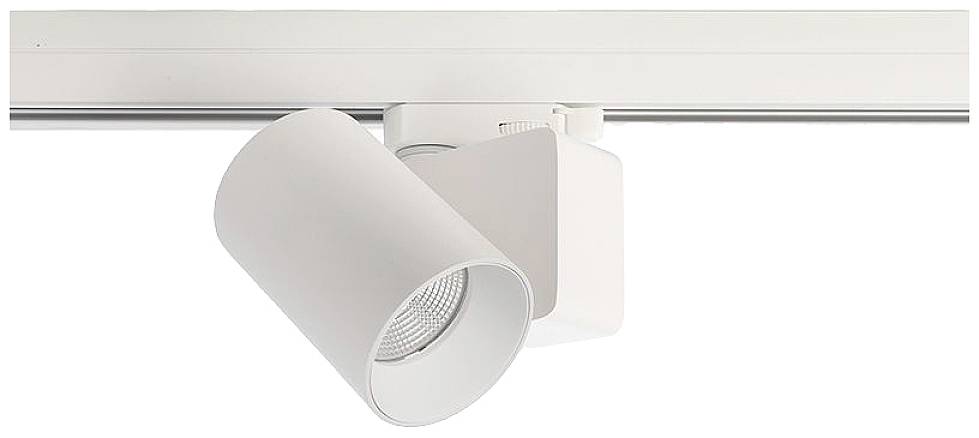 Witte wandlamp aan een rail. Hij heeft een cilindervorming lamplichaam en is modern vormgegeven.