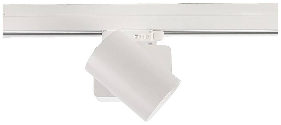 Een witte plafondspot aan een rail, naar beneden gericht. Ideaal voor gerichte verlichting in moderne interieurs.