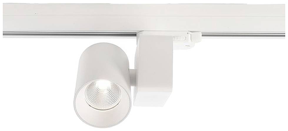 Witte LED-railverlichting gemonteerd aan een plafond. De lamp is cilindrisch en naar beneden gericht, geschikt voor gerichte verlichting.