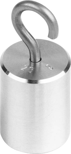 Zilveren metalen gewicht met haak, gegraveerd met '20 g', tegen een witte achtergrond. Geschikt voor laboratoriumexperimenten of weegschaalcalibratie.