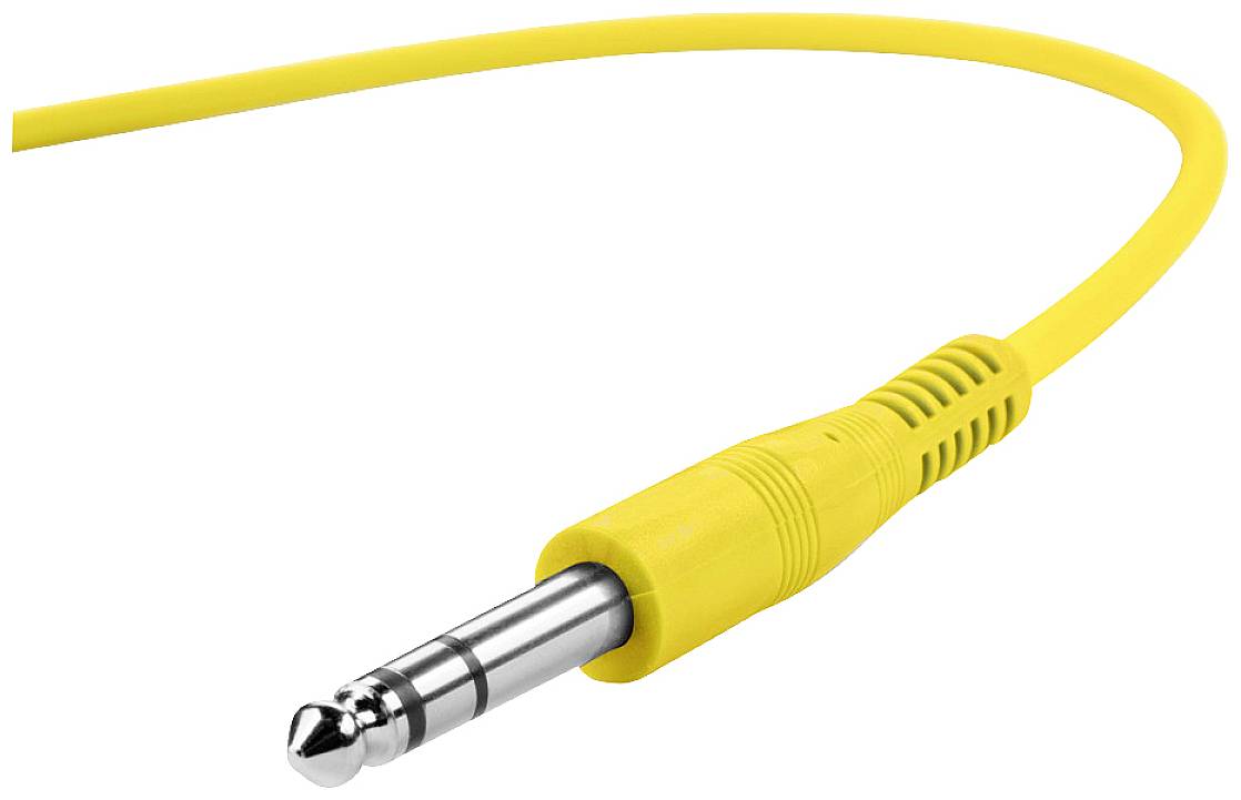 Geel audiokabel met 6,3 mm jackplug, gebruikt voor het verbinden van audioapparatuur voor geluidsoverdracht.